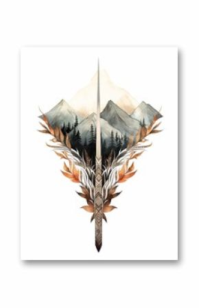 Boho Feather and Arrow Patterns: Tribal Mountain Landscape Art