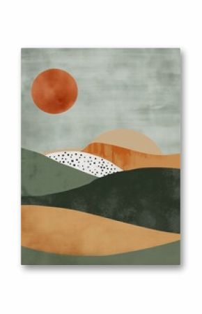 Stylized sun and mountains painting with a warm, earthy palette on textured canvas, ideal for modern decor themes, wall art, ptintable in boho style