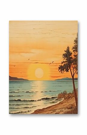 Vintage Mediterranean Sunset Beaches: Rustic Wall Decor Digital Art Print