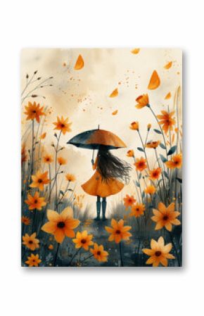 cute young woman, wearing rain boots, dancing in a daffodil garden, holding an umbrella, rainy day, blue pink colour tones, scandi style, boho style muted colours, simple watercolour illustration, bla