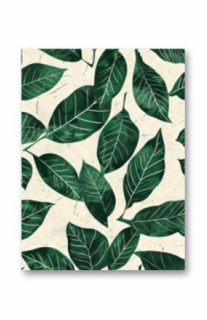 A green and white handdrawn illustration of large, thick leafy vines on cream linen fabric, in a simple block print style with minimalism and bohemian vibes. It's an art piece that would make for grea