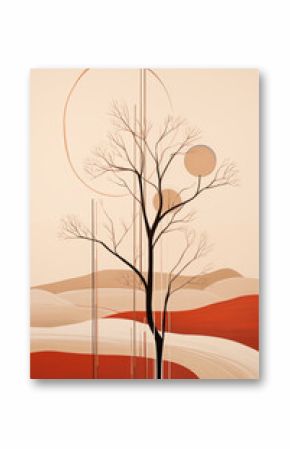 Abstract geometric, natural poster. Brown Landscape, black tree. Modern illustration, minimalist print, poster, boho wall decor, flat design Vector minimal art