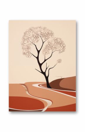 Abstract geometric, natural poster. Brown Landscape, black tree, brown tree leaf. Modern illustration, minimalist print, poster, boho wall decor, flat design Vector minimal art,