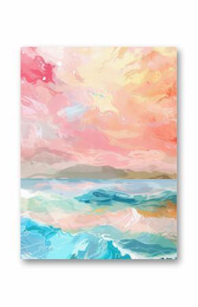 "Boho Sea Beach Waves Print. Abstract Coastal Background. Bohemian printable wall decor, pastel abstract poster, landscape drawing, sea painting. Hand Drawn Illustration."