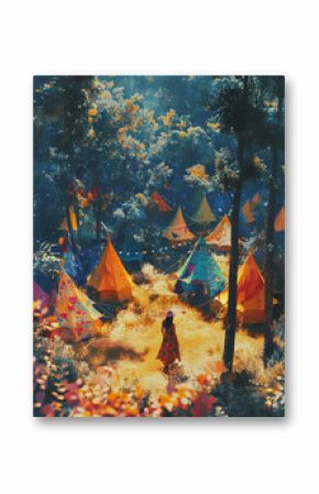 Wild Dancing, Floral Headband, Bohemian Soul, A field dotted with colorful tents and stages, Warm summer breeze, Photography, Backlights