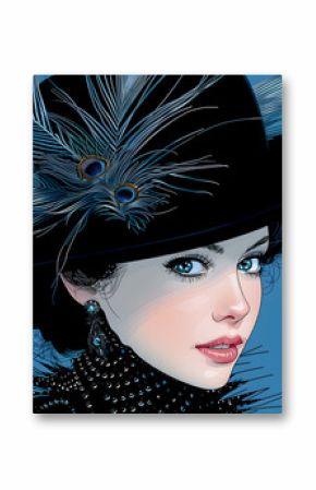 a woman wearing a black hat with peacock feathers on it