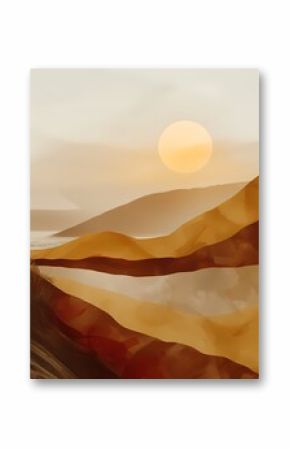 simple boho brown natural earth tone  abstract  golden landscape painting , Artwork for wall art and home decor