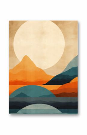 Abstract contemporary landscape posters. Modern boho background set with lake, river,sun, moon, mountains, minimalist wall decor. 