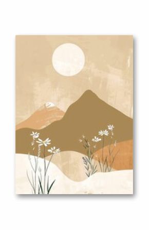 poster of mountains, sun and white flowers on the riverbank in the style of delicate organicity, whimsical minimalism inspired by nature. The texture of the canvas is in a natural Scandinavian style.