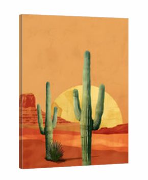 Desert landscape with cactus in foreground. Modern mid century terracotta and yellow poster.