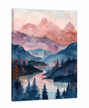 A minimalist boho style painting featuring towering mountains overlooking a serene lake. The artwork captures the beauty of nature with its striking depiction of these natural elements
