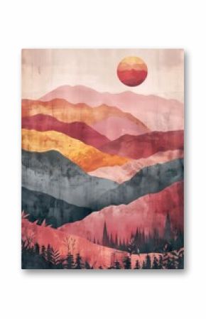 A minimalist boho-style canvas painting depicting mountains and the sun in the background. The artwork showcases a serene natural landscape