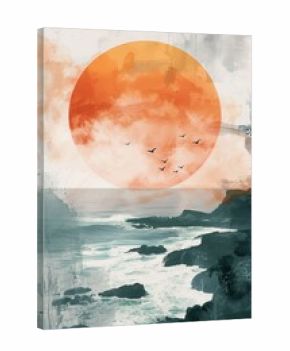 A minimalist boho style canvas painting capturing the vibrant hues of a sunset over a rippling body of water