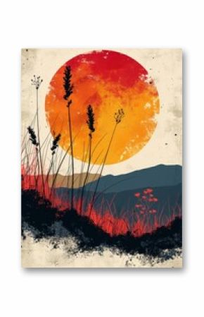 Digital sunset illustration over grass field with distant mountains. Orange-red sun, boho art style with simple shapes and colors