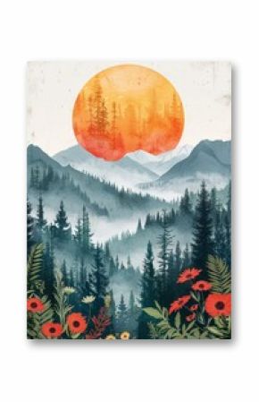 A simplistic vector style illustration of a sunset over a misty mountain range, with a field of wildflowers in the foreground