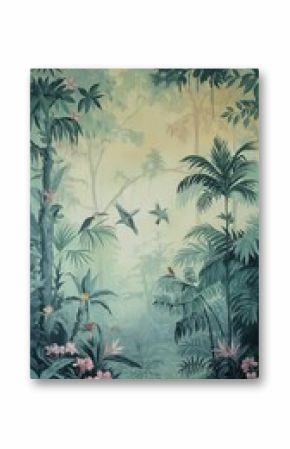 Vintage wallpaper of lush jungle in pastel shades, depicting songbirds and kangaroos in the background, oil painting. 