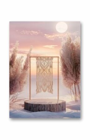 Boho Chic Wooden Podium with Pampas Grass on a blurred background