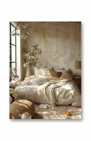 This bedroom is bright and cozy with soft, neutral tones, natural decor, boho elements, and sundrenched linens, creating a warm, inviting, and serene aesthetic that welcomes sunlight