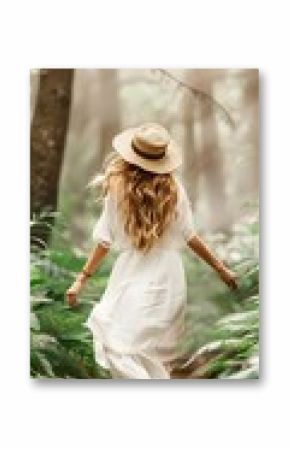 Woman in white dress walking through a forest.