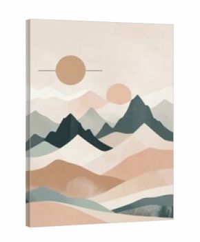 Minimalist boho wall decor featuring abstract mountain ranges and sun motifs in soft, muted tones, with a peaceful and balanced composition. Generative AI
