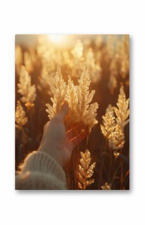 woman's hand hold grass on blurred summer field background,  warm light, vintage style, aesthetic concept.