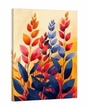 A digital illustration of colorful leaves in a boho style. The leaves are rendered in shades of blue, red, and orange. The background is a soft yellow