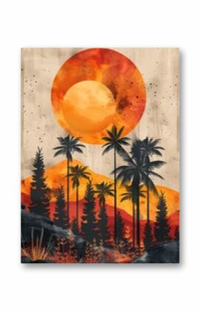 A digital illustration in a boho art style featuring a sunset behind palm trees and hills