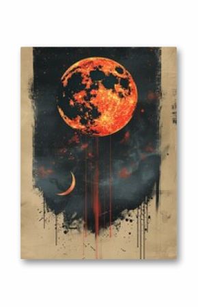 A full moon, rendered in a boho style, sits atop a dark, starry background. Dripping red paint creates a dramatic effect