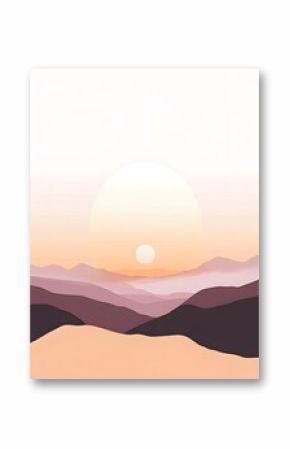 Abstract landscape illustrations. Mountains, sun, moon, sunset, desert, hills minimalist design. Trendy mid century art, boho home decor, wall art. wide art landscape design