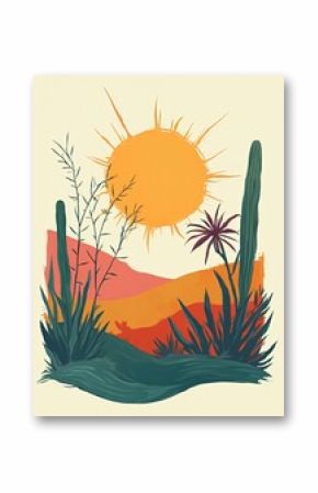 a poster for a sunset with cactus in a bohemian style