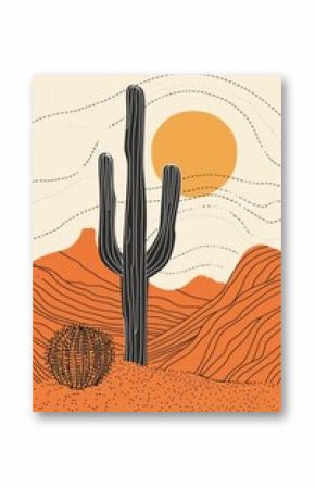 Minimalist Boho Watercolour art, wall art, single line drawing of a big cactus on a white background, nature scene, landscape, earthy colours, brown and yellow, sun and desert, wild west, organic