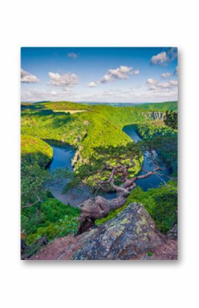 Impressive summer scene from Vyhlidka Maj viewpoint. Horseshoe shape meander of Vltava river. Colorful spring scene in Czech Republic. Beauty of nature concept background..
