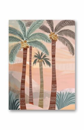 Abstract tropical palm trees illustration with pastel colors and artistic textures