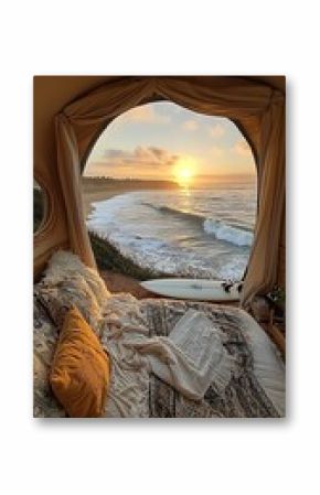 Cozy tent interior overlooking ocean waves at sunrise, with a surfboard