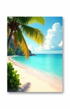 Sunny day, pastel boho beach scene, palm silhouettes , ocean, palm trees, illustration
