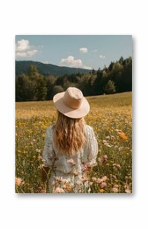 Woman in a sunhat standing in a vibrant wildflower meadow, enjoying the summer scenery.