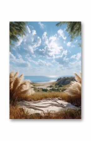 A serene landscape featuring a blanket adorned with feathers for peaceful lifestyle branding, minimalist layout of a serene landscape featuring a blanket adorned with feathers for nature visuals