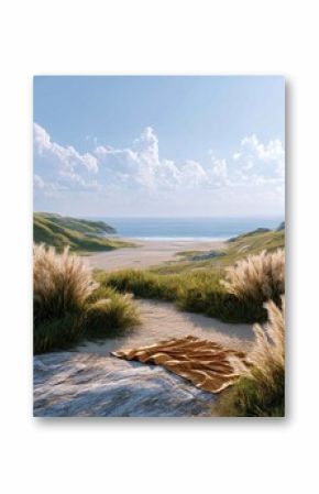 A serene landscape featuring a blanket adorned with feathers for peaceful lifestyle branding, minimalist layout of a serene landscape featuring a blanket adorned with feathers for nature visuals