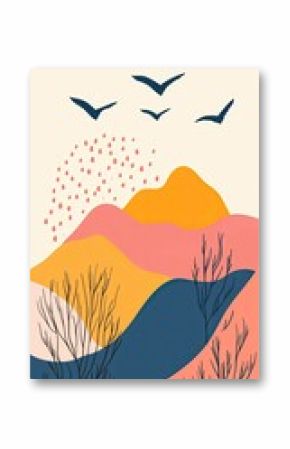 Abstract Mountain Landscape Birds.