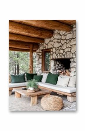 Rustic Mountain Cabin Patio Design with Stone Fireplace and Cozy Seating