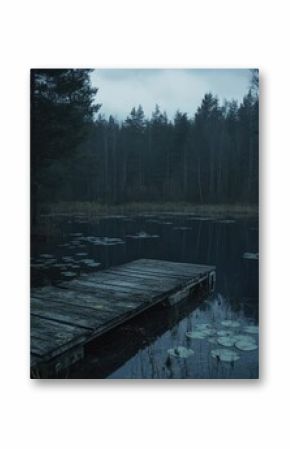 Misty forest lake with weathered dock