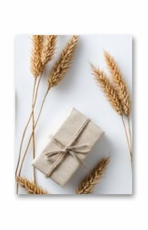 Gift Box Surrounded By Dried Wheat Ears On White Background