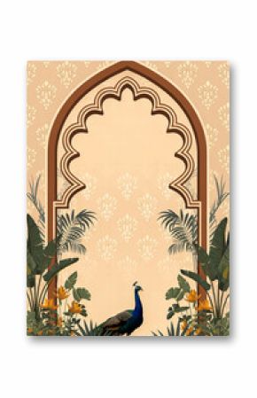 Elegant peacock in tropical garden with ornate archway background