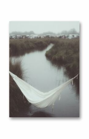 Tranquil hammock by a misty stream
