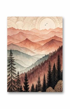 Watercolor landscape depicting serene mountains and forest under a decorative sunset