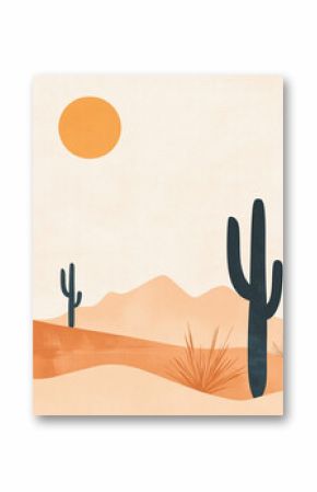 A minimalist illustration of a desert landscape featuring tall cacti, other desert plants, and a large orange sun against a pale sky and peachy hills.