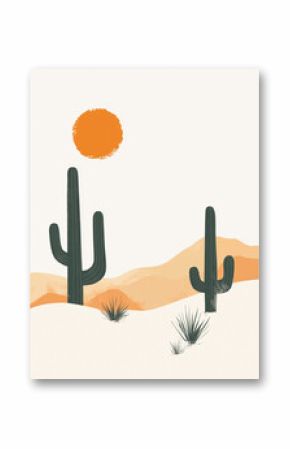 A minimalist illustration of a desert landscape featuring tall cacti, other desert plants, and a large orange sun against a pale sky and peachy hills.