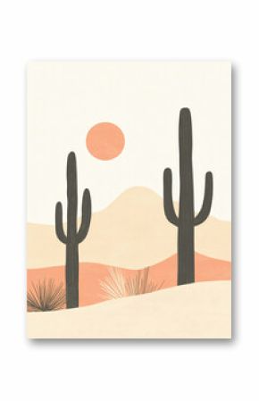 A minimalist illustration of a desert landscape featuring tall cacti, other desert plants, and a large orange sun against a pale sky and peachy hills.