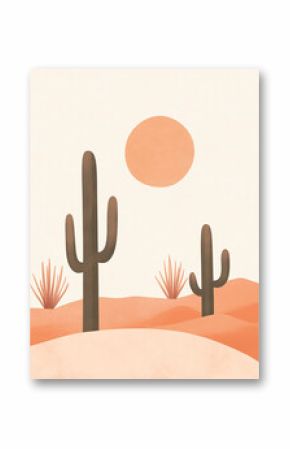 A minimalist illustration of a desert landscape featuring tall cacti, other desert plants, and a large orange sun against a pale sky and peachy hills.