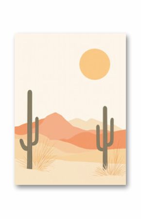 A minimalist illustration of a desert landscape featuring tall cacti, other desert plants, and a large orange sun against a pale sky and peachy hills.
